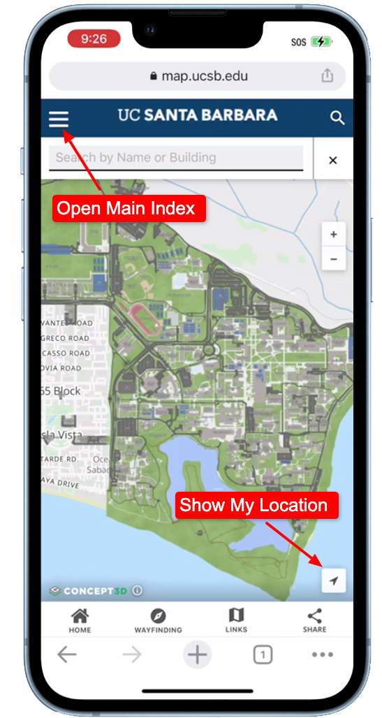 Screenshot of the campus map key features on mobile